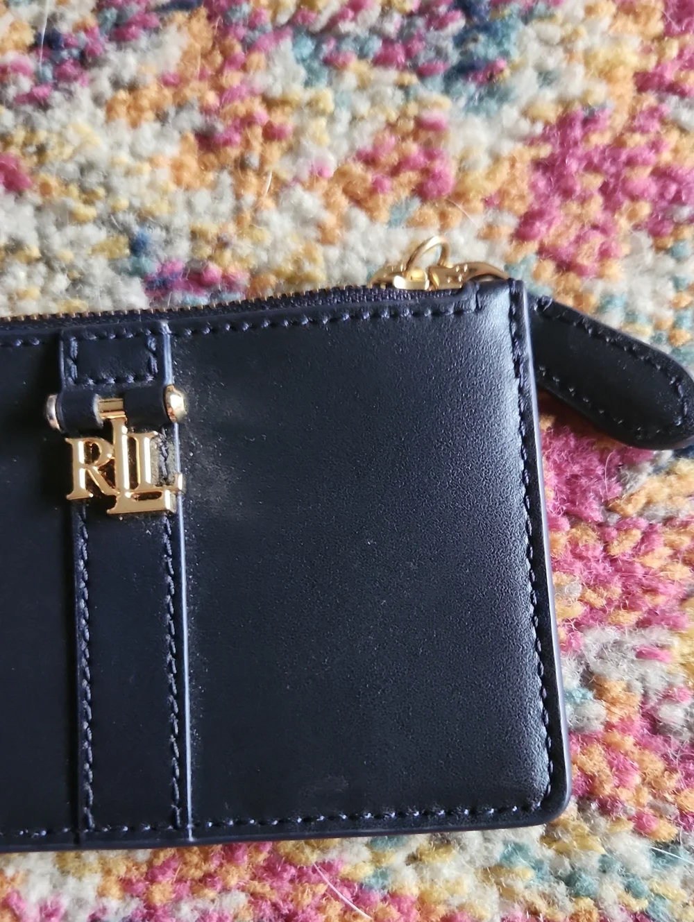 Ralph Lauren Navy Leather Zip Card Case Holder Key Pouch